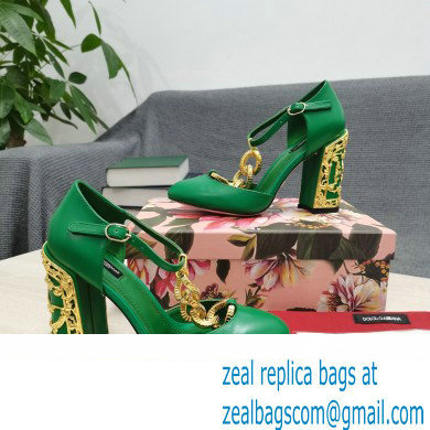 Dolce  &  Gabbana Logo Heel 10.5cm Chain leather T-strap Pumps Green 2022